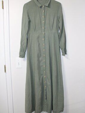 Women's Orange Creek Long Sleeve Green Linen Blend Front Button Maxi Dress